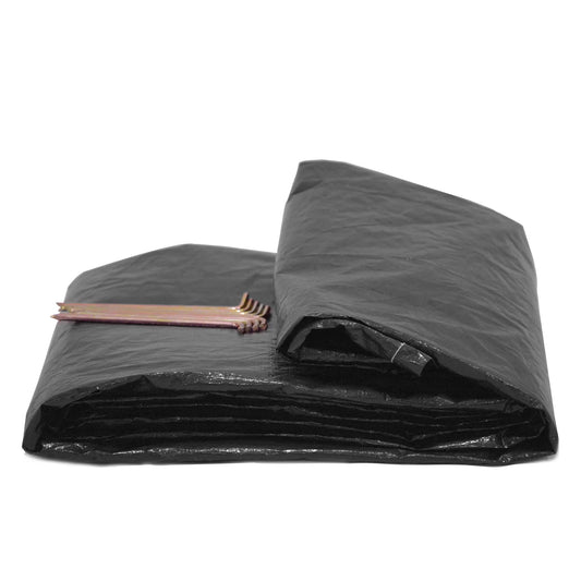 Regatta Bell Tent Ground Tarp groundsheet in black polyethylene with bundled wooden pegs on Tampa Home & Garden Store