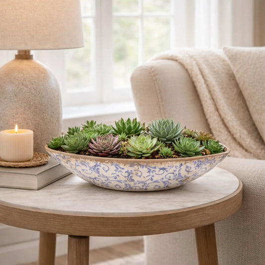 13” Tuscan Ceramic Blue Scroll Decorative Bowl - Tampa Home & Garden Store