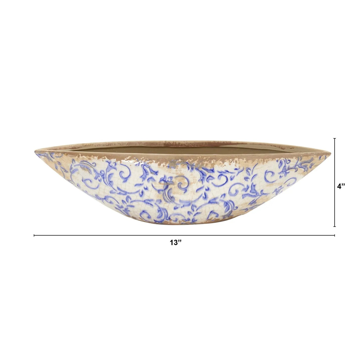 13” Tuscan Ceramic Blue Scroll Decorative Bowl - Tampa Home & Garden Store