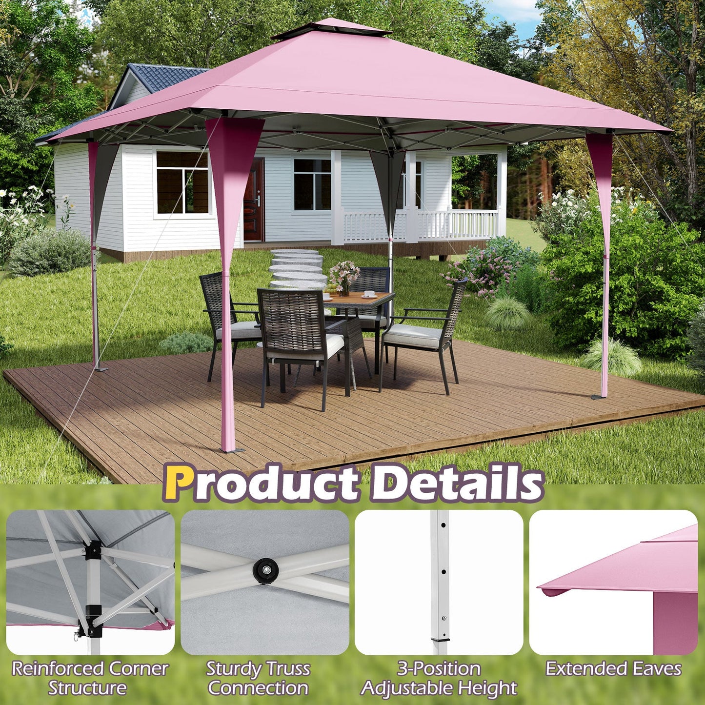 13 X 13 FT Pop up Gazebo with Portable Carrying Bag 8 Stakes and 4 Wind Ropes-Pink