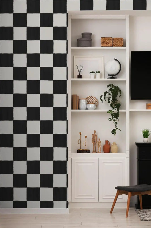Checkers wallpaper off white and black checkerboard pattern accent wall on Tampa Home & Garden Store