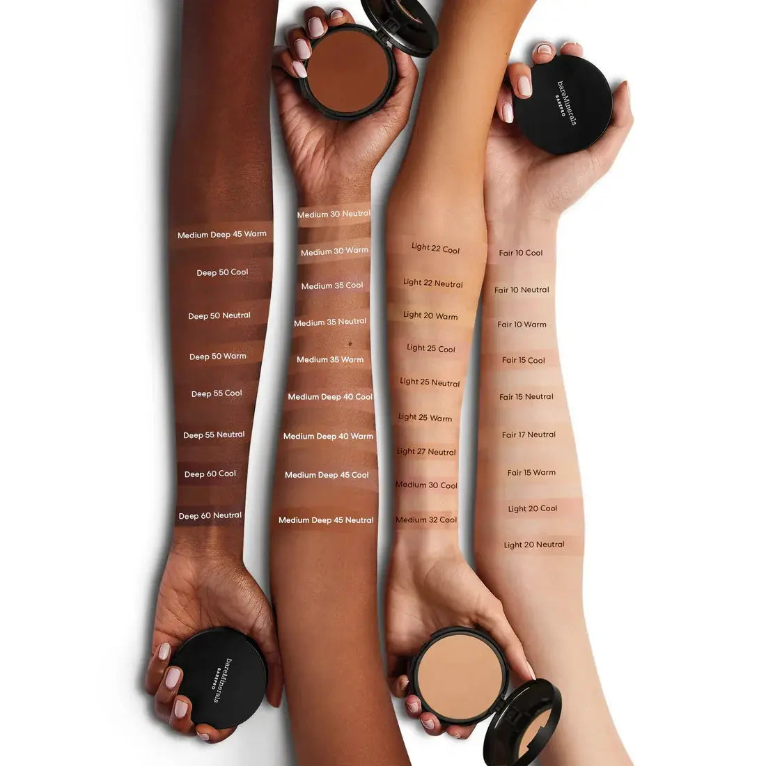 bareMinerals BarePro 16HR Powder Foundation swatches on arms, deep to light shades Nava Beauty on Tampa Home & Garden Store