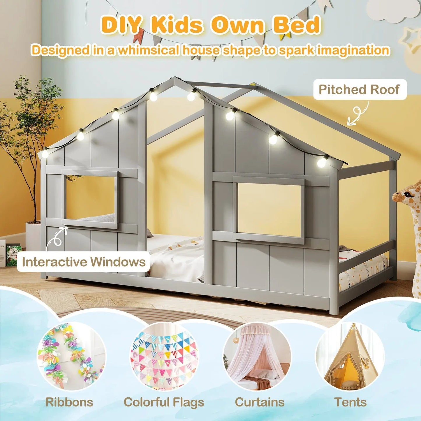 Twin Size House Bed with LED string lights gray finish Montessori toddler bed DirectDeals on Tampa Home & Garden Store