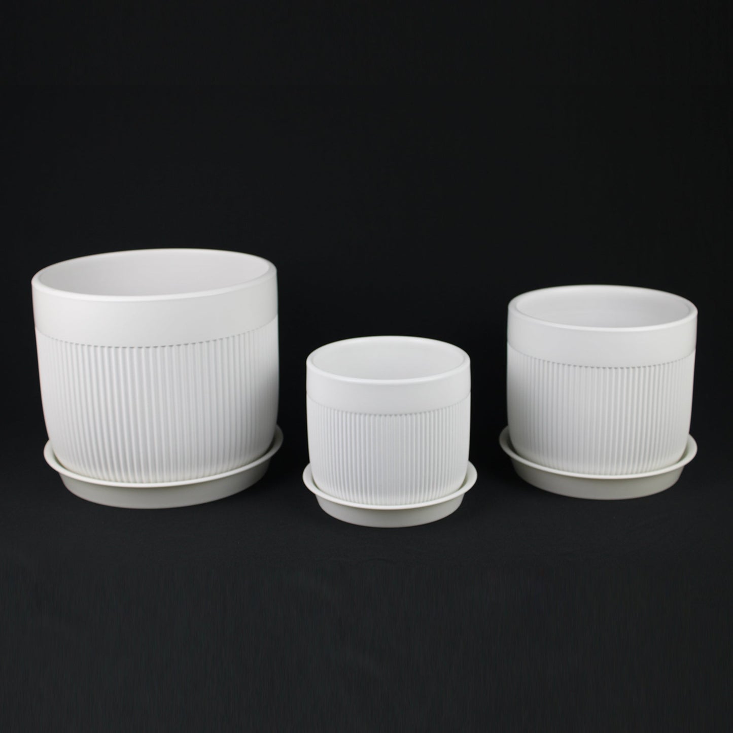 3-Piece White Stoneware Planter Pot Set with Vertical Line Texture - Tampa Home & Garden Store