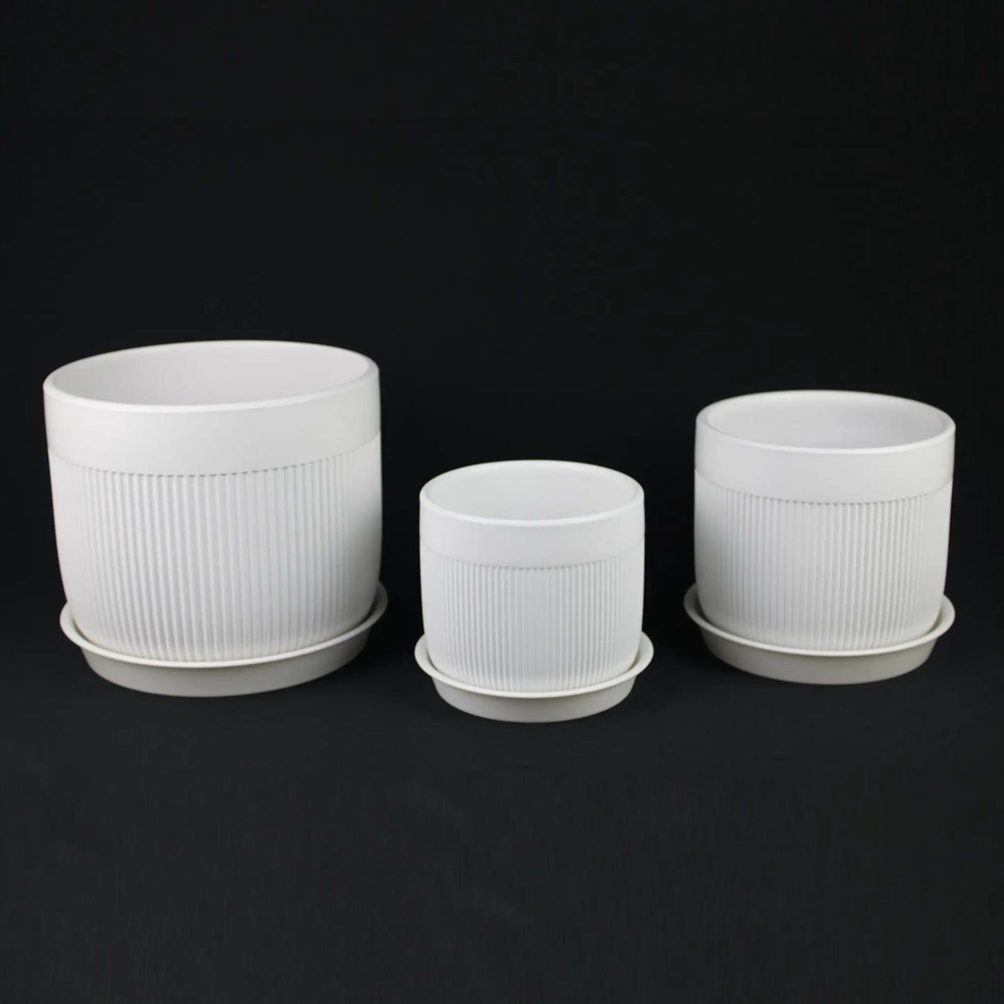 3-Piece White Stoneware Planter Pot Set with Vertical Line Texture - Tampa Home & Garden Store