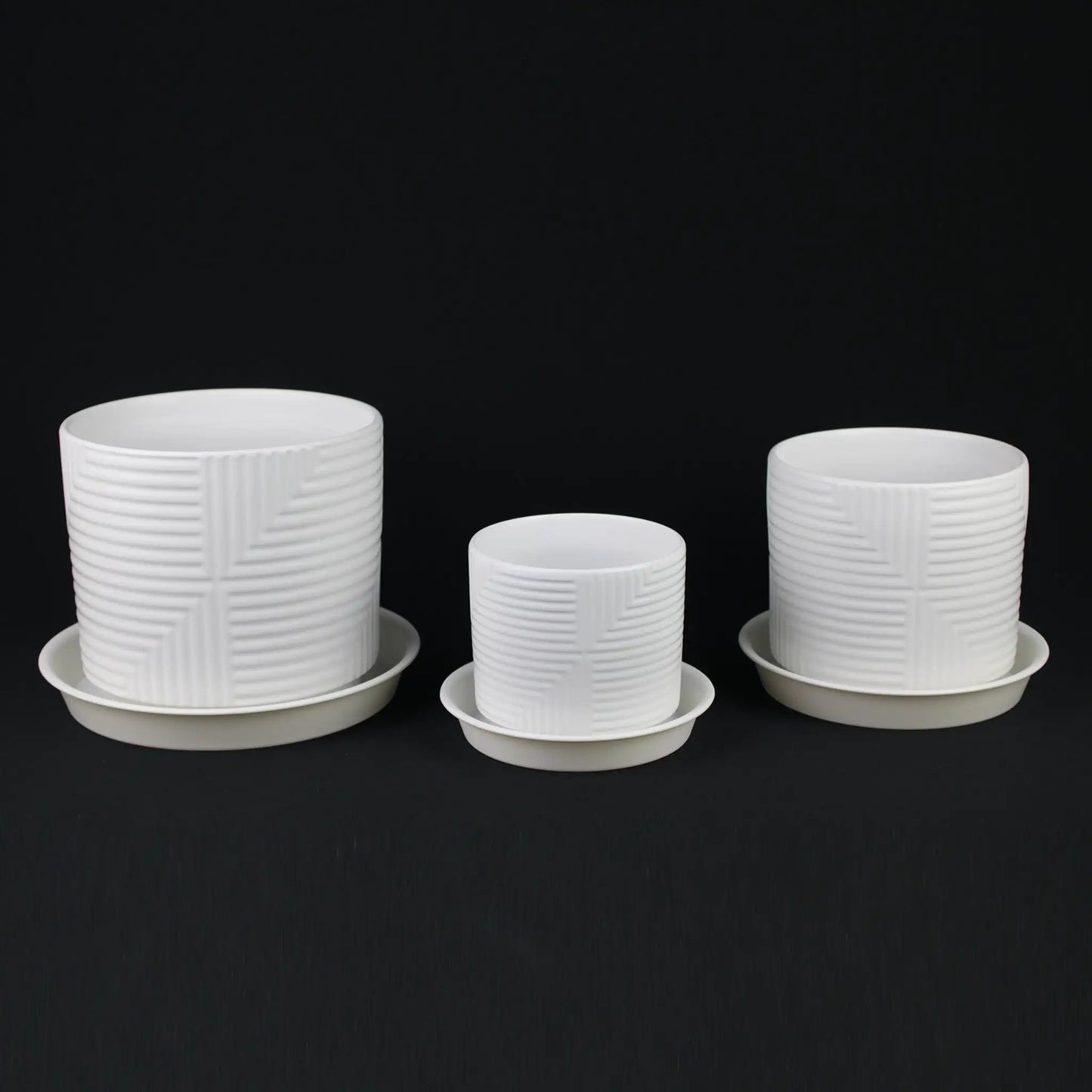 3-Piece White Stoneware Planter Set with Geometric Line Design - Tampa Home & Garden Store
