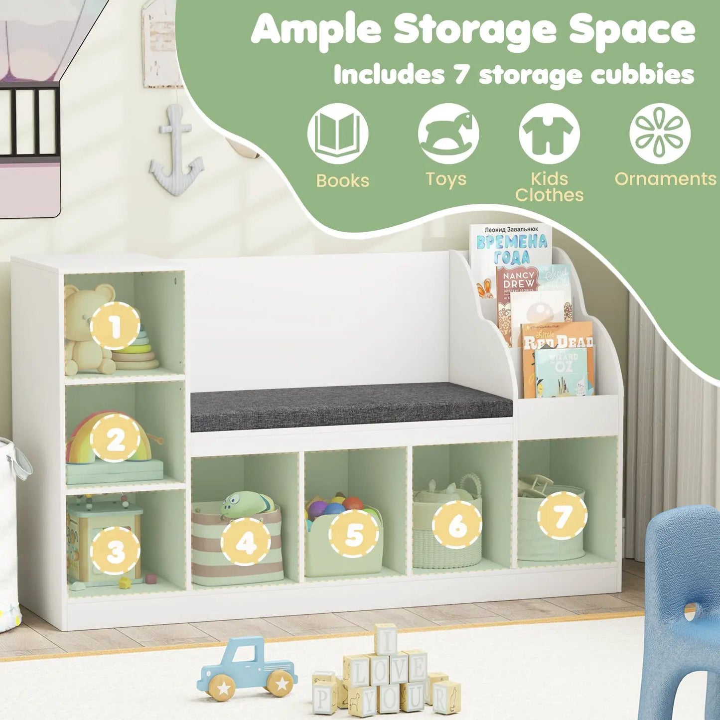 White 3-in-1 kids bookcase with reading nook and seven numbered cubbies on Tampa Home & Garden Store