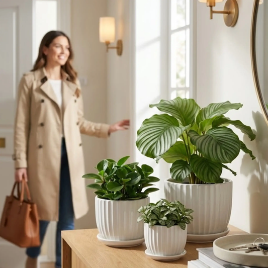 3-Piece White Ceramic Planter Set with fluted design and matching saucers by Florinia on Tampa Home & Garden Store