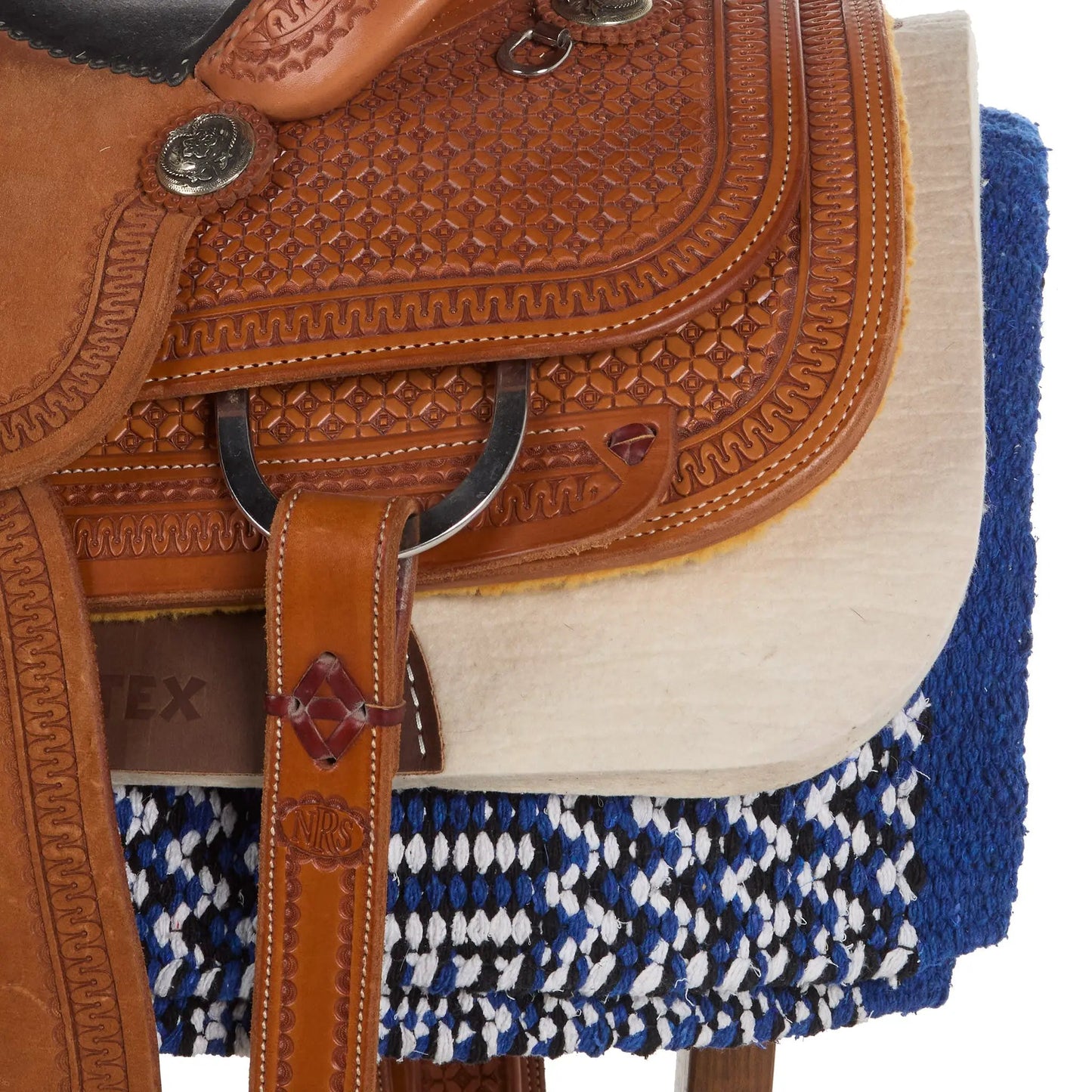 Royal Blue Double Weave Saddle Blanket 32x64 by Mayatex under brown western saddle with conchos on Tampa Home & Garden Store