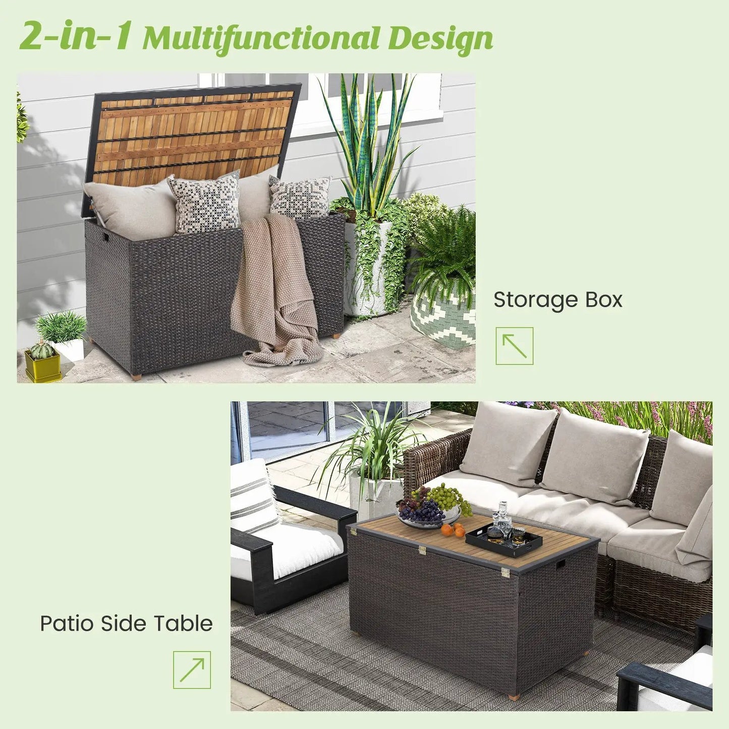 134 Gallon rattan storage box with zippered liner, dark wicker and acacia wood top on patio on Tampa Home & Garden Store