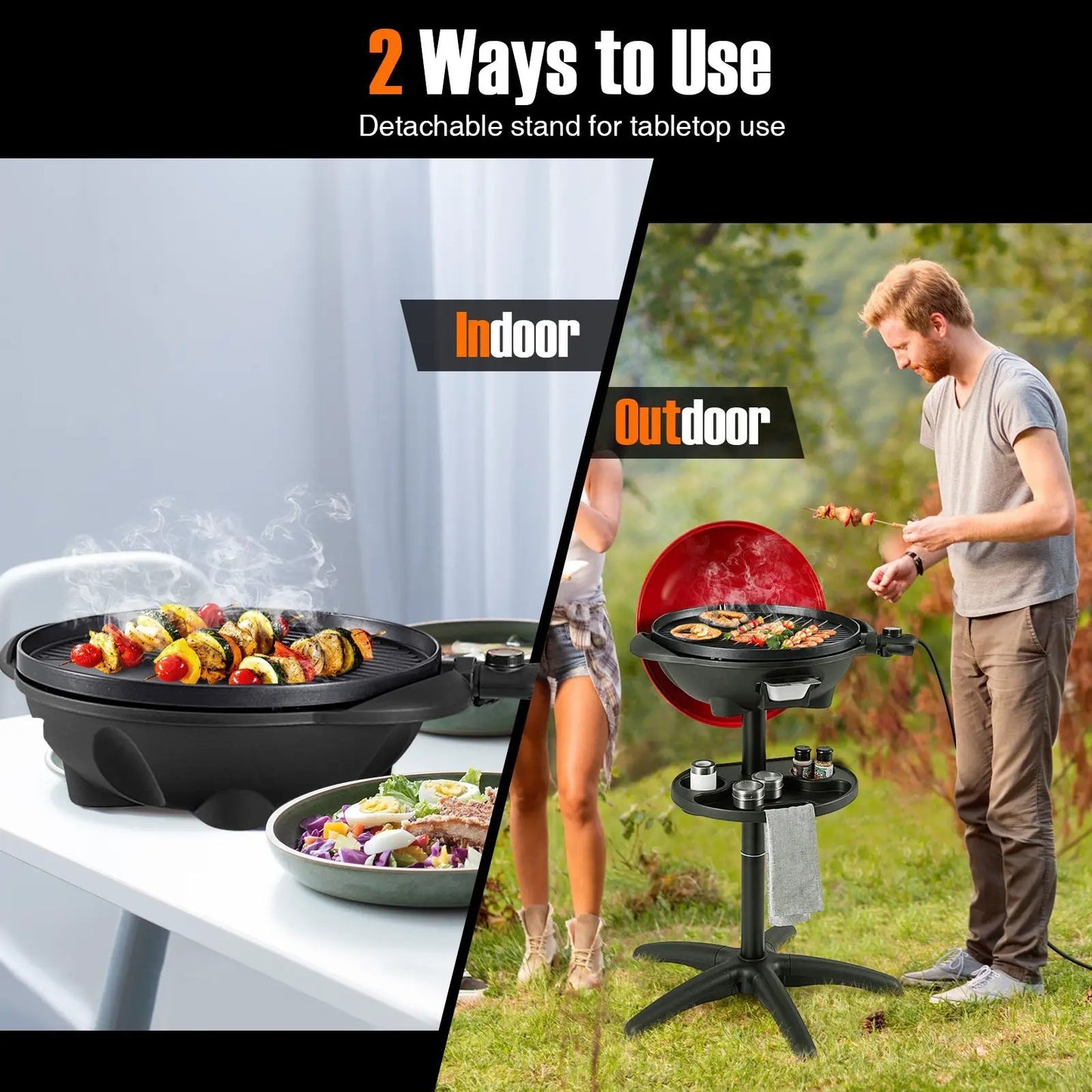 1350 W Outdoor Electric BBQ Grill with Stand; two grills shown for indoor and outdoor use on Tampa Home & Garden Store