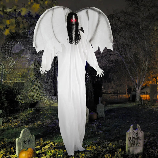 6.6 ft white-robe angel animatronic with red-lit eyes and wide wings in a graveyard setting on Tampa Home & Garden Store