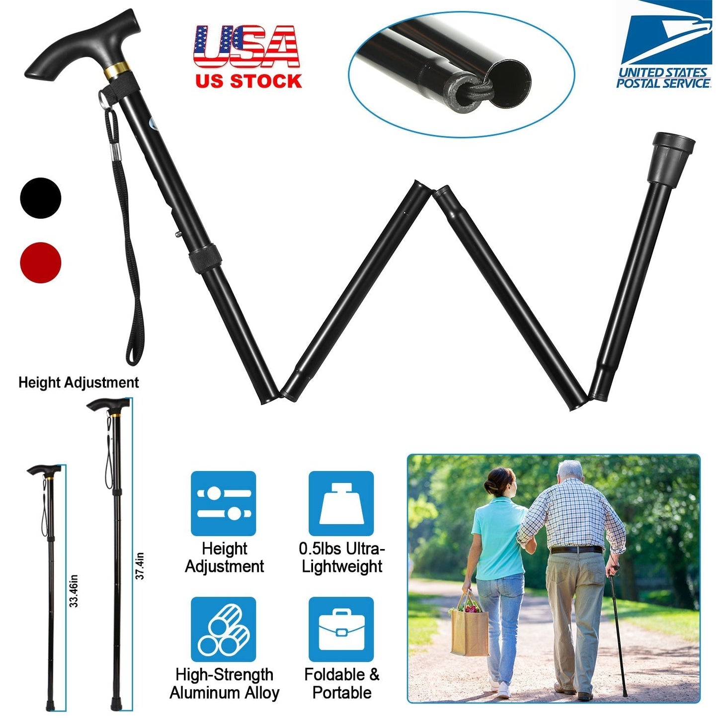 GemGear Walking Cane Aluminum Alloy adjustable folding stick with anti-slip tip black on Tampa Home & Garden Store