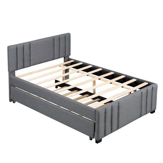 Full grey upholstered platform bed with tufted headboard, wood slats and trundle on Tampa Home & Garden Store