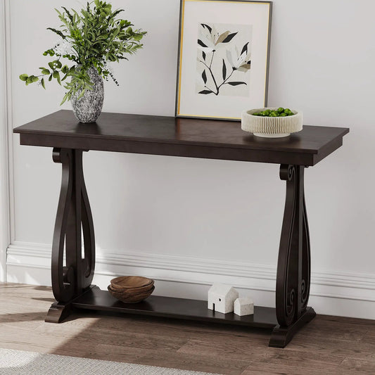 48 inch espresso vintage console table with curved trestle legs, greenery vase, framed art on Tampa Home & Garden Store