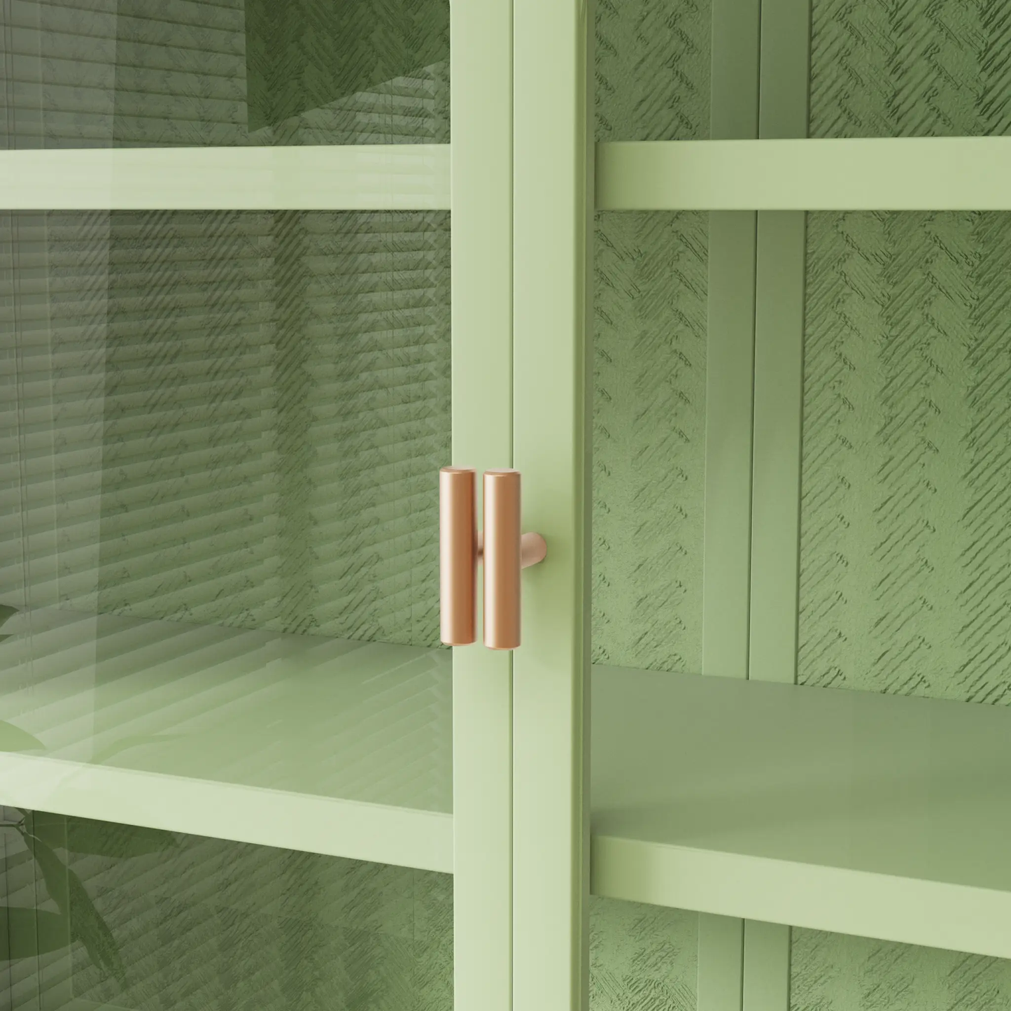 Green glass-doors wall cabinet with three-tier design and copper handles on Tampa Home & Garden Store