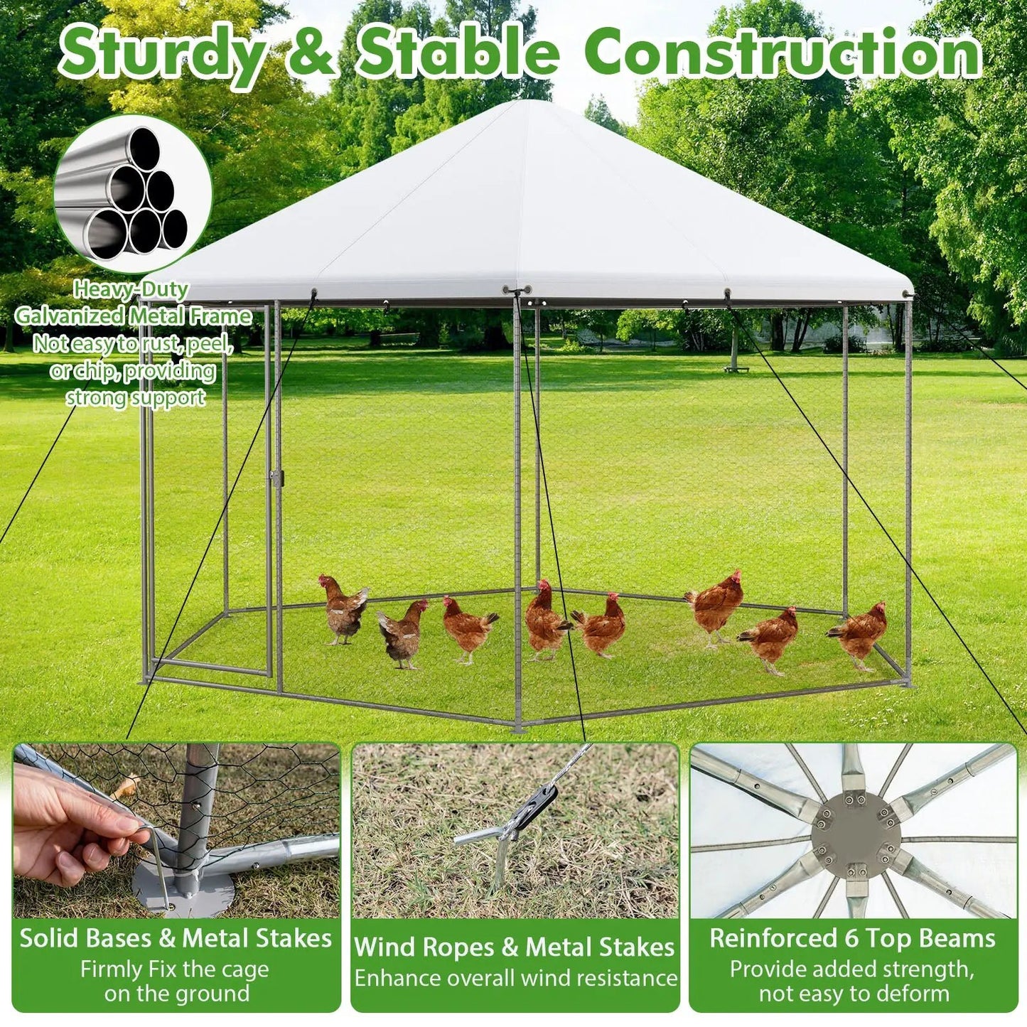 13ft hexagonal galvanized metal chicken coop with wire mesh, lockable door DirectDeals on Tampa Home & Garden Store