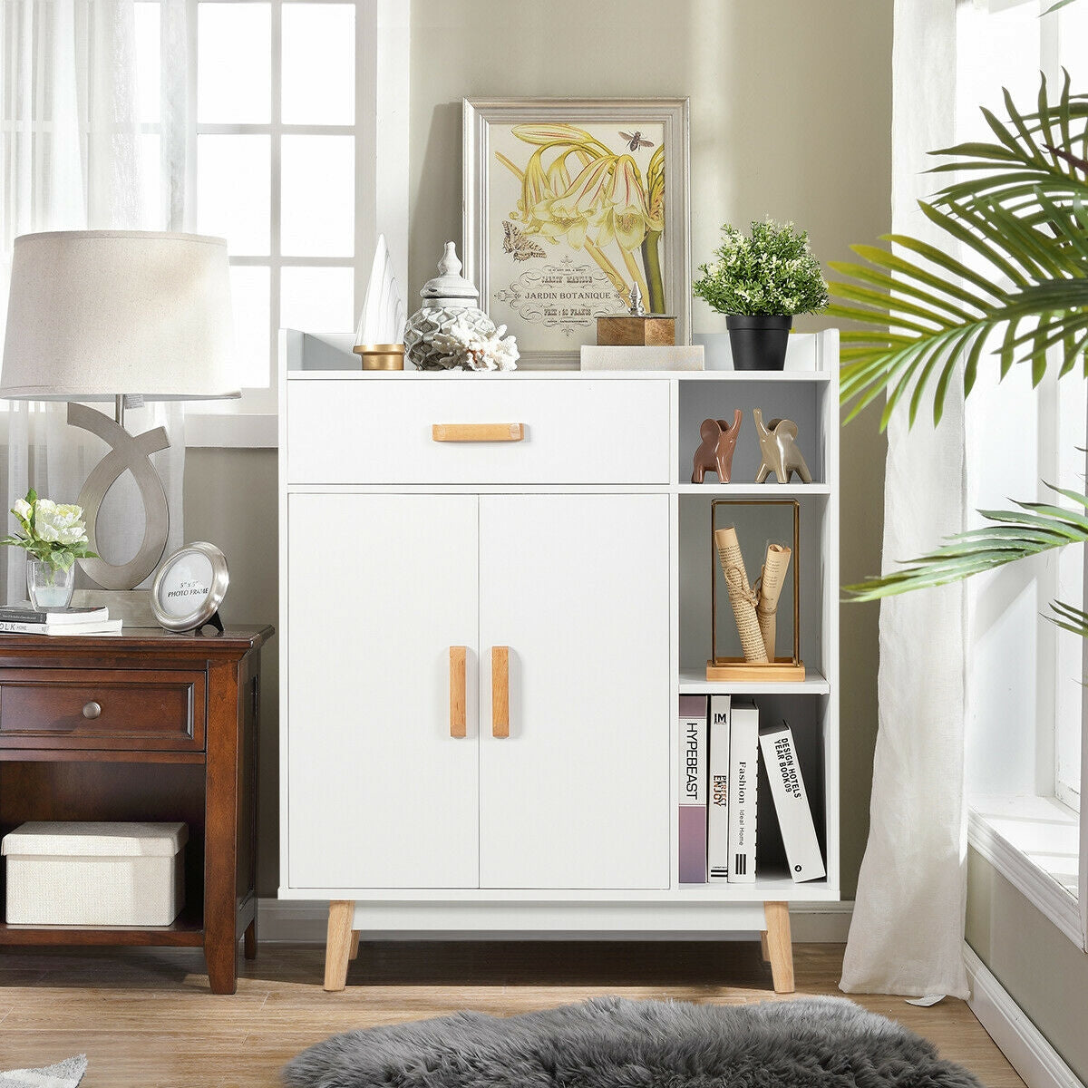 White Floor Storage Cabinet Freestanding Cupboard with light wood handles and legs DirectDeals on Tampa Home & Garden Store