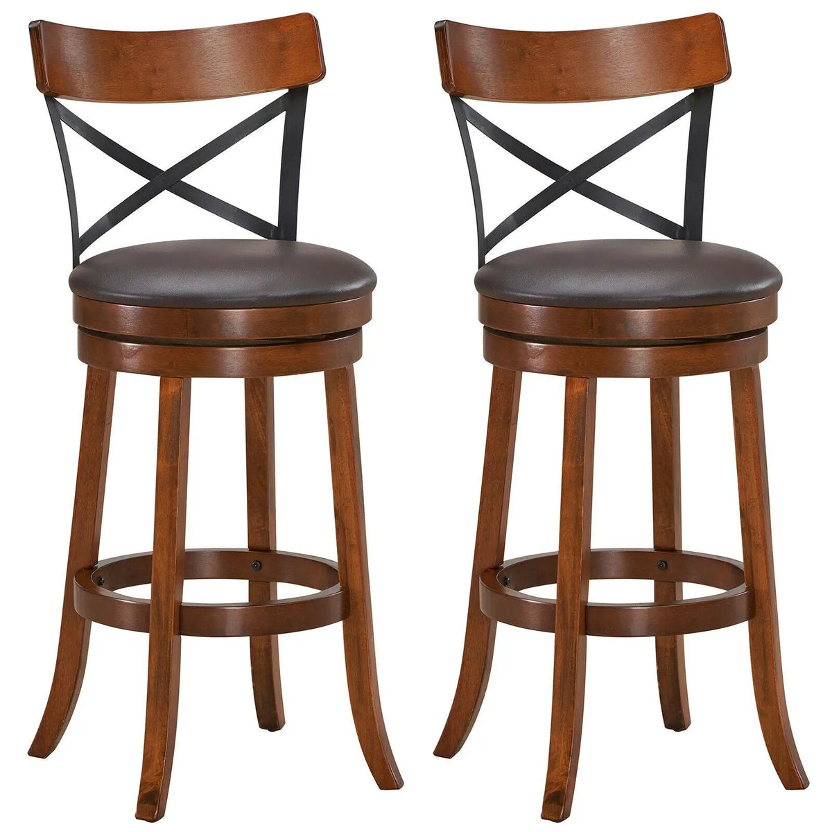 Bar stools set of 2 with 360° swivel, brown leatherette seats, dark wood legs, black X-back on Tampa Home & Garden Store