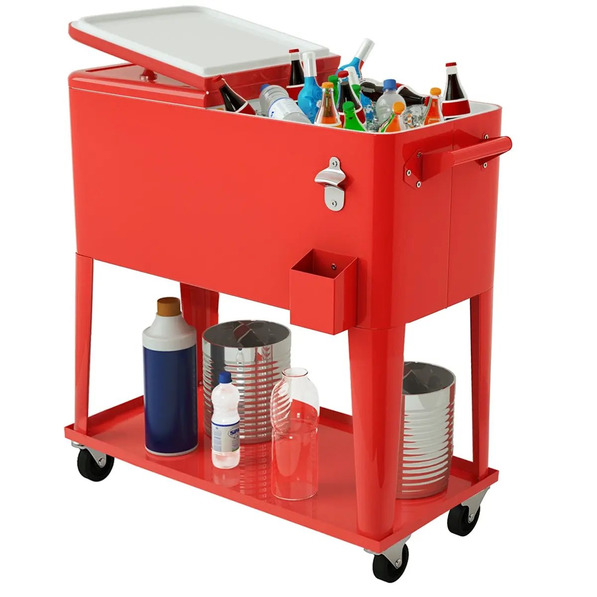 80 Quart Outdoor Patio Rolling Steel Cooler DirectDeals red cart with wheels on Tampa Home & Garden Store