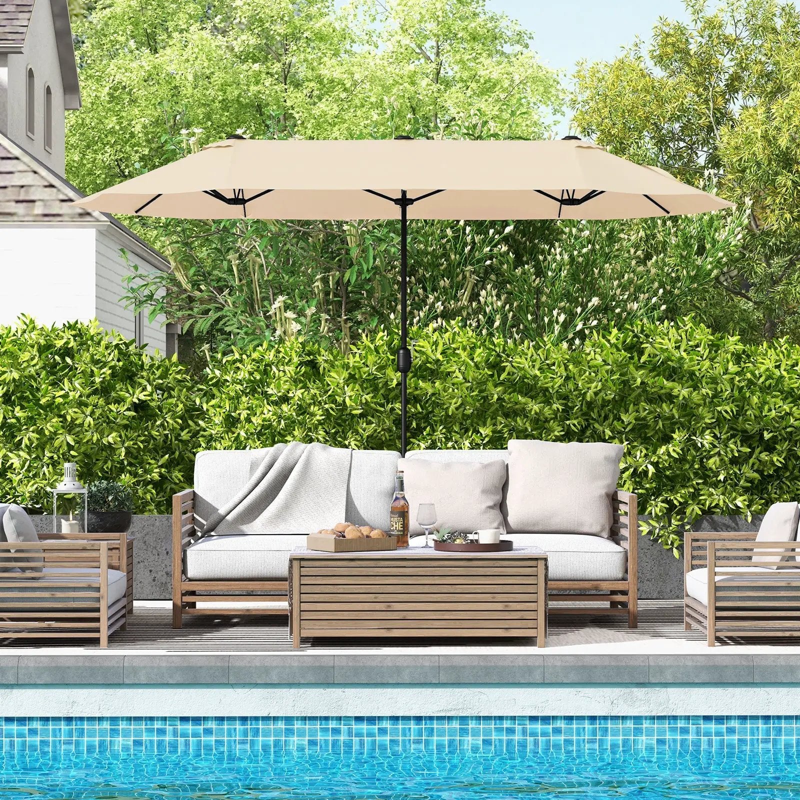 13FT Double-sided Patio Twin Table Umbrella with Crank Handle-Tan, Gray
