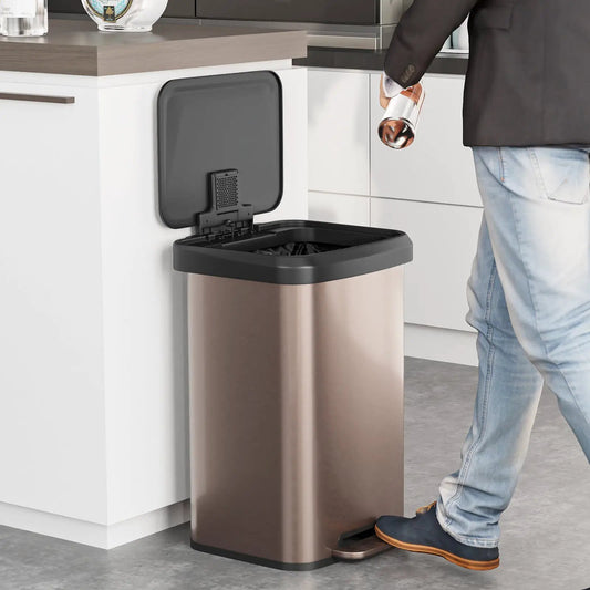13.2 gallon DirectDeals step trash can with soft-close lid, bronze body, black lid, pedal on Tampa Home & Garden Store