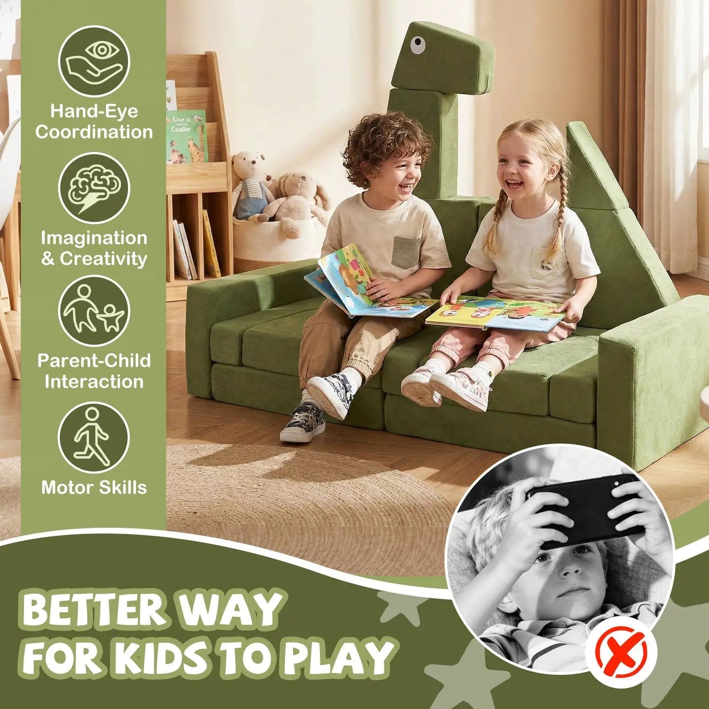 13-piece modular kids play couch in green with two kids reading books on Tampa Home & Garden Store