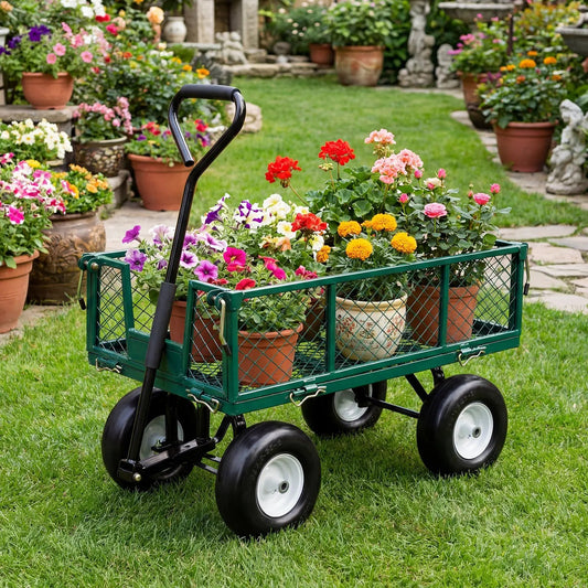 13x6.50-6 flat-free lawn mower tires and wheels, 2-pack, black with white rims on a garden wagon on Tampa Home & Garden Store
