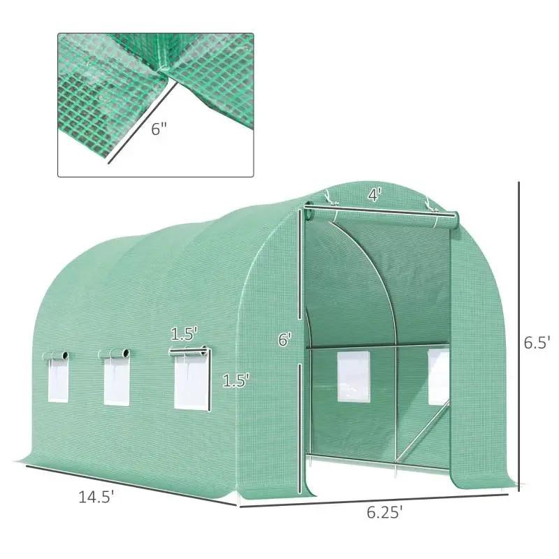 Outdoor greenhouse kit with green PE cover and steel curved frame, 14.5 ft long on Tampa Home & Garden Store