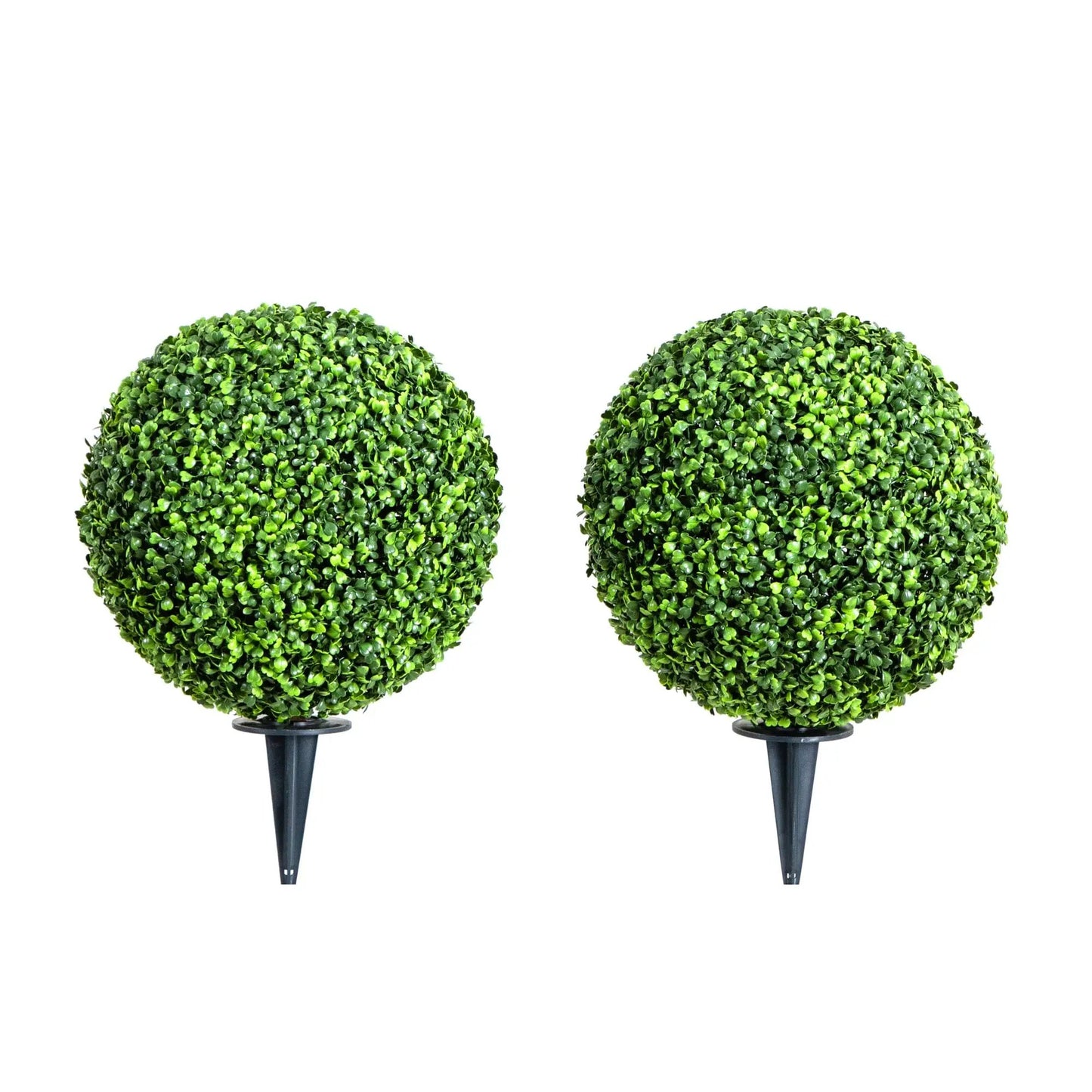 Boxwood ball topiary on integrated ground stake; pair of artificial green spheres on Tampa Home & Garden Store