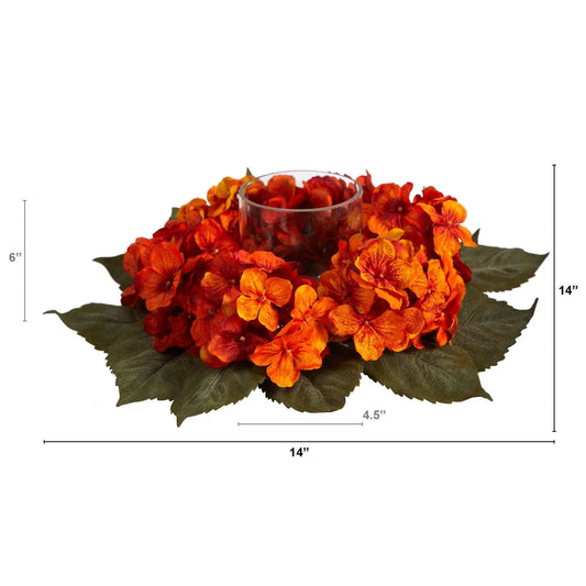 Autumn hydrangea candelabrum arrangement 14-inch with orange blooms and dark green leaves on Tampa Home & Garden Store