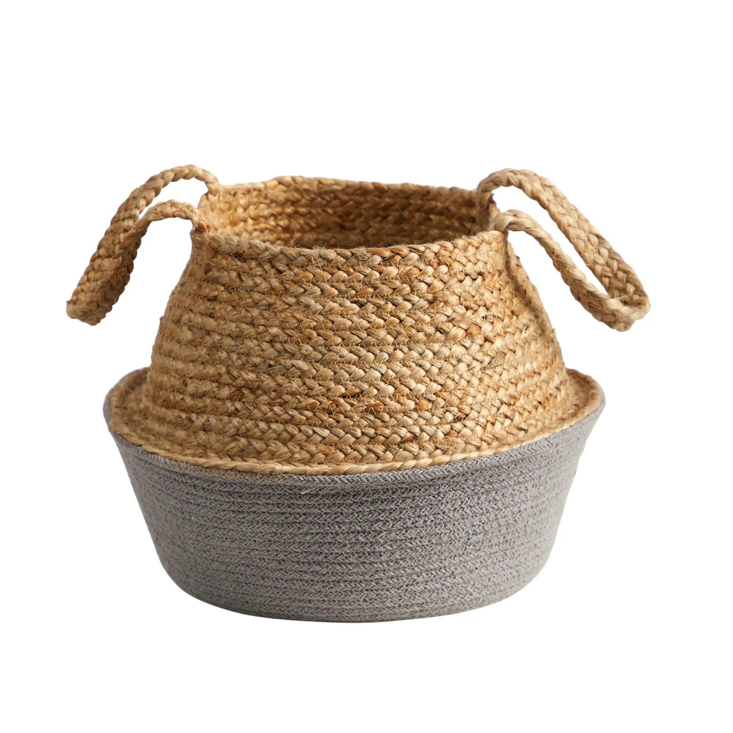 Planter 14in Boho Chic cotton and jute with braided handles in a natural gray woven basket on Tampa Home & Garden Store