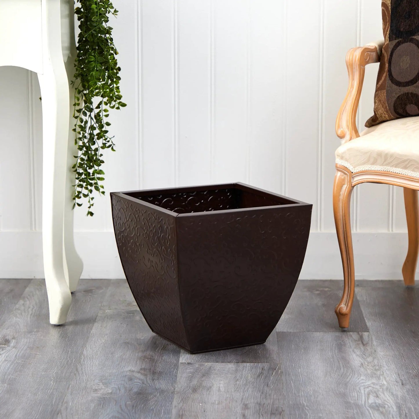 14-inch embossed metal scroll planter dark brown finish by Nearly Natural on Tampa Home & Garden Store