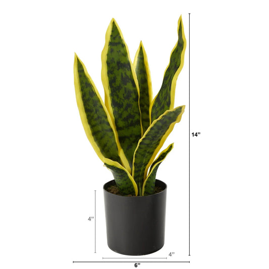 14-Inch Sansevieria artificial plant with variegated green leaves and yellow edges in black pot on Tampa Home & Garden Store
