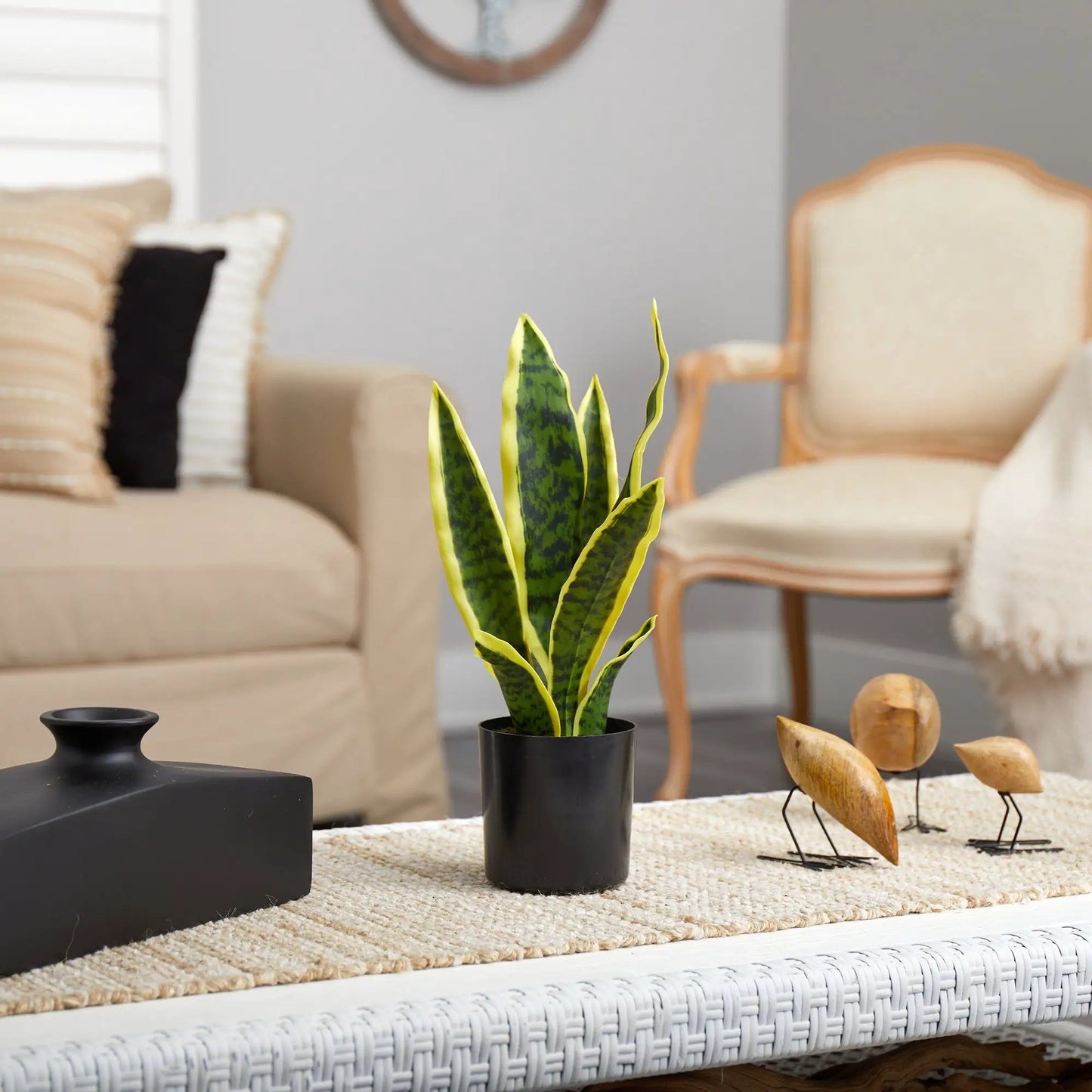 14-Inch Nearly Natural Sansevieria artificial plant in black pot with green-yellow leaves on Tampa Home & Garden Store