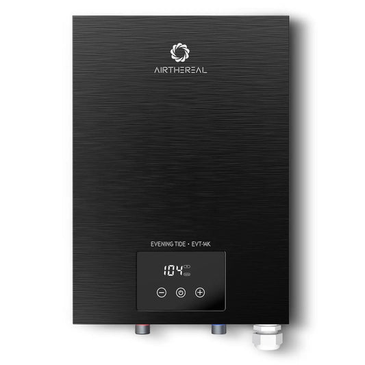 Airthereal EVT-14K 14 kW tankless water heater in black brushed metal with digital panel on Tampa Home & Garden Store
