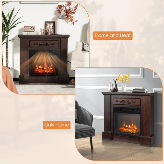 DirectDeals 1400W electric fireplace mantel TV stand with remote in dark wood carved drawer on Tampa Home & Garden Store