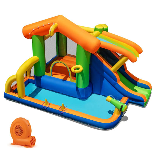 8-In-1 Jumping Castle with Slide inflatable, bright orange, green, blue, 520W blower on Tampa Home & Garden Store