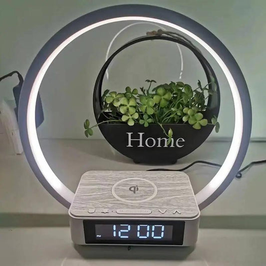 Bedhead Lamp Alarm Clock with Wireless Charging, round LED ring, woodgrain top, blue 12:00 on Tampa Home & Garden Store