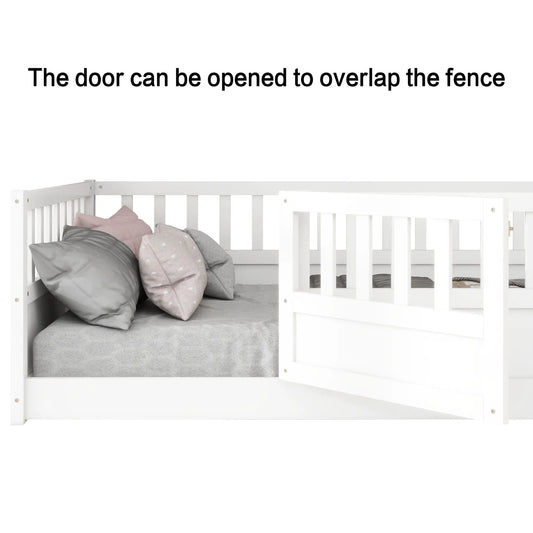 White twin floor bed with high safety barrier, wood frame, gray bedding by VIP Digital Presence on Tampa Home & Garden Store