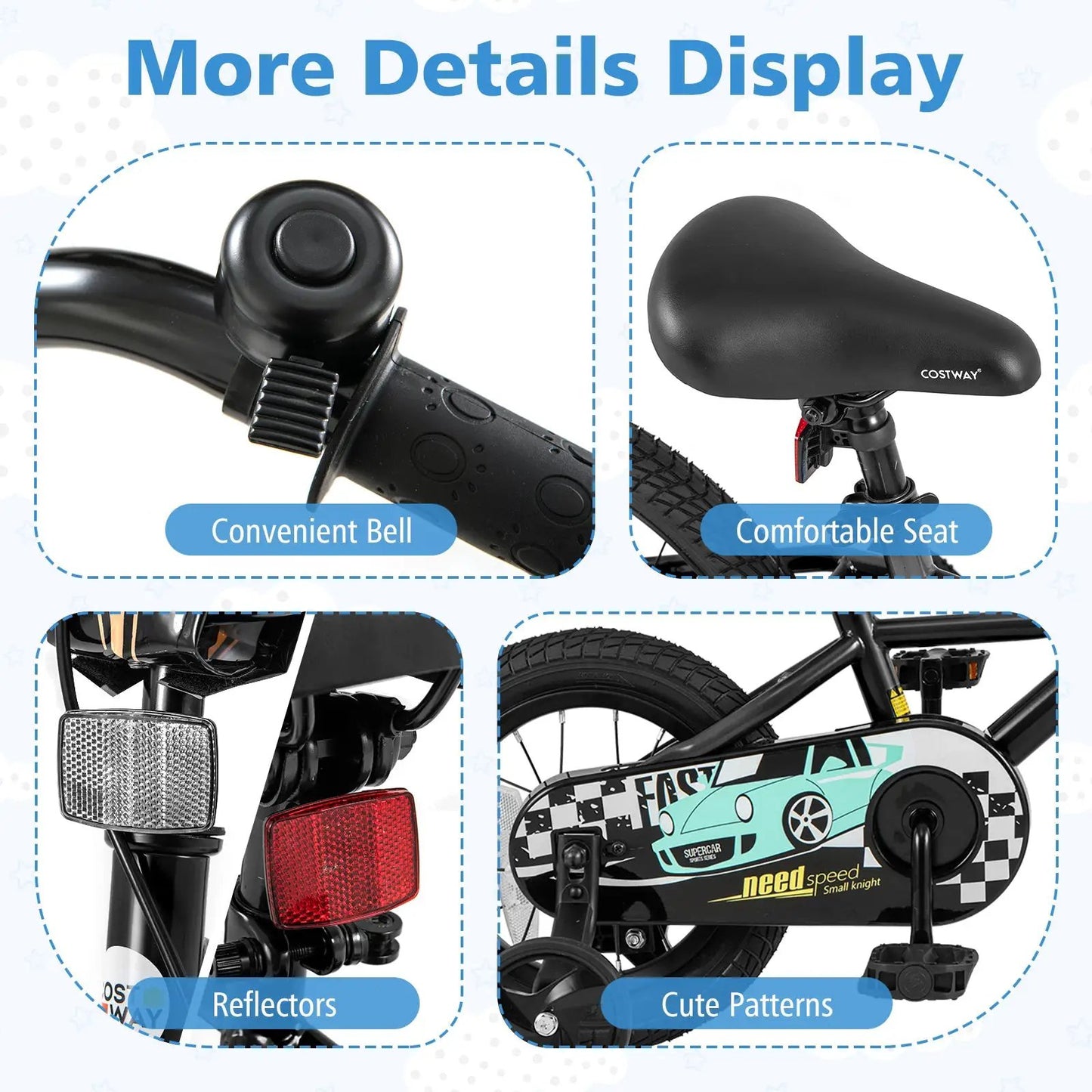 14 inch kids bike with low-step frame for ages 3-5, Costway seat, reflectors, cute patterns on Tampa Home & Garden Store