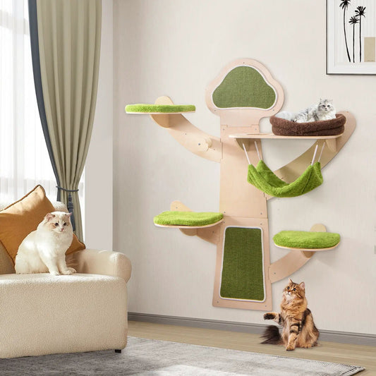Wall-mounted cat tower with green carpeted shelves and bed on light wood frame on Tampa Home & Garden Store