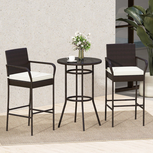 Patio Rattan Bar Height Table and Chairs with 2 Seat Cushions for Porch-White - Tampa Home & Garden Store