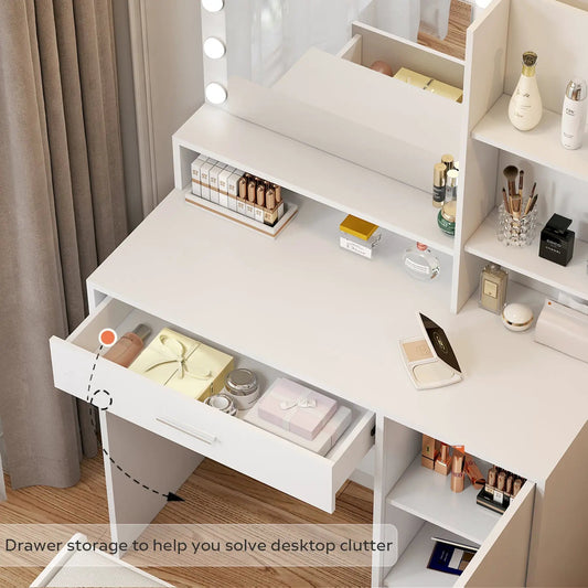 White vanity desk with illuminated mirror, large drawer, and cosmetics organized on shelves on Tampa Home & Garden Store