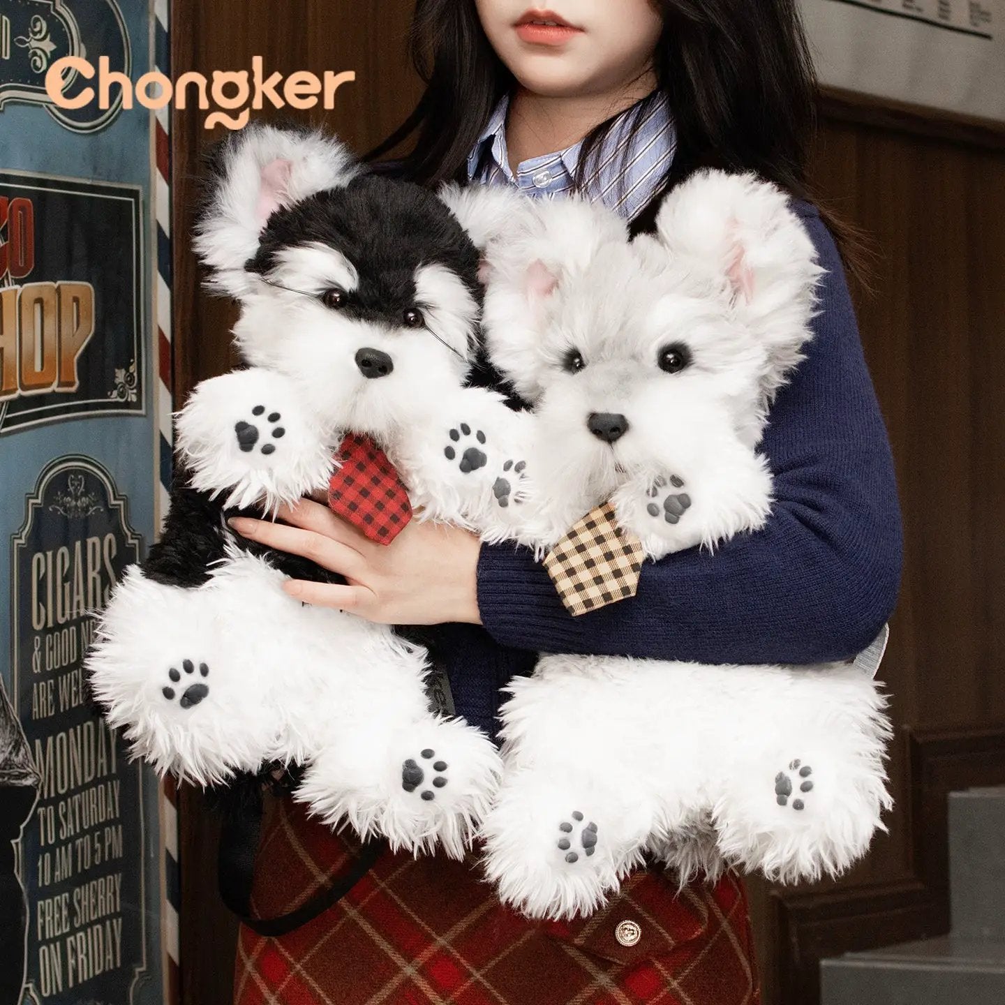 Chongker Black and White Schnauzer plush backpack featuring two dogs with plaid bow ties on Tampa Home & Garden Store