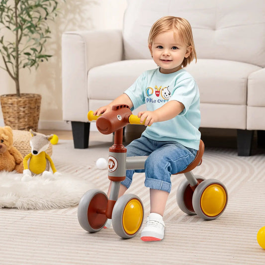 Baby Balance Bike No Pedal 4-Wheel Bicycle Brown with yellow wheels for toddlers on Tampa Home & Garden Store