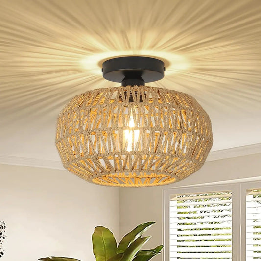 Boho Rattan Ceiling Light Fixture Dimmable LED
