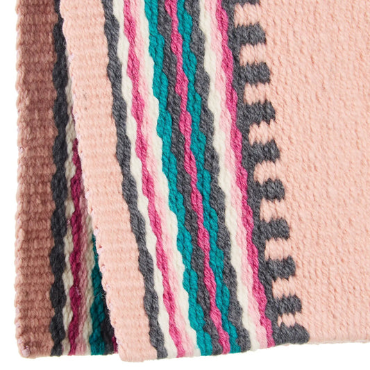 Mayatex Risen Saddle Blanket New Zealand Wool with pink base and teal, white, gray stripes on Tampa Home & Garden Store