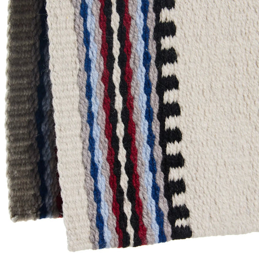 Risen saddle blanket 36x34 Mayatex New Zealand wool with ivory base and blue red black stripes on Tampa Home & Garden Store