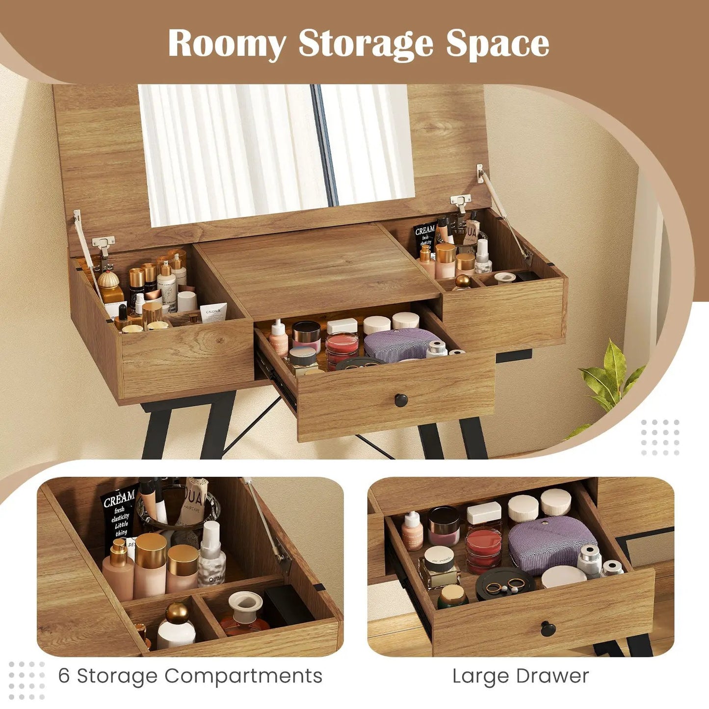 Vanity desk with flip-top mirror in brown wood, six storage compartments and a large drawer on Tampa Home & Garden Store